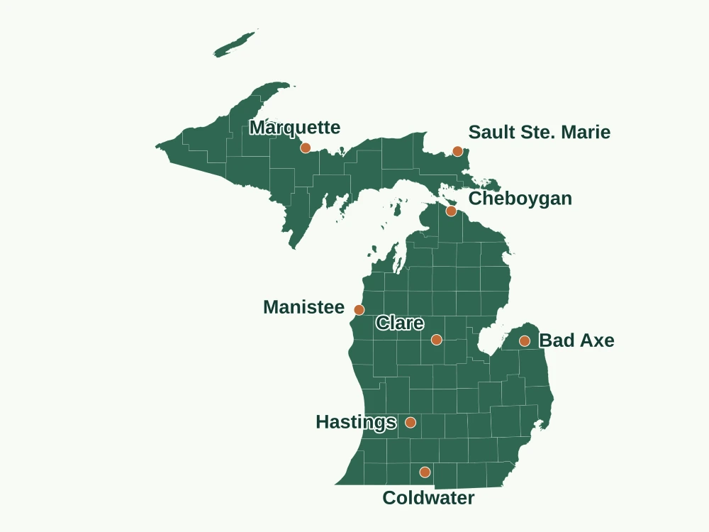 Accurate Michigan land service area map showing key city markers for Hastings, Coldwater, Sault Ste. Marie, Cheboygan, Clare, Manistee, Marquette, and Bad Axe
